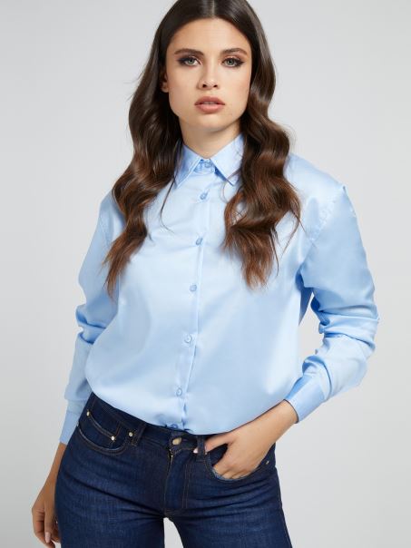 Cămașă Guess Popeline Albastru Deschis