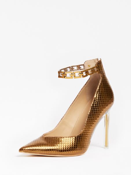 Pantof De Curte Guess Bronz Stefie Laminat Cu Aspect Croc