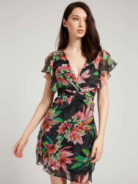 Guess Rochie Cu Volane Cu Imprimeu Fantezie Florală