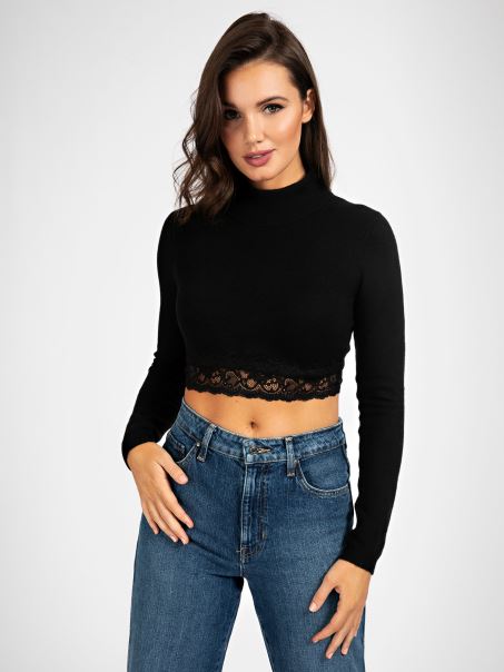 Guess Detalii Dantelă Cu Gât țestoasă Pulover Negru