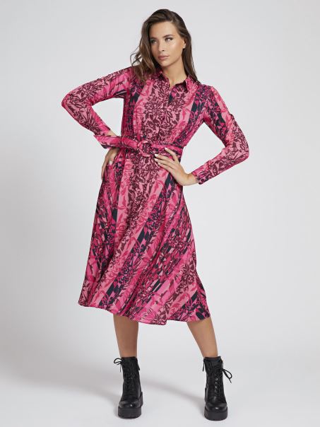 Rochie Cu Curea Guess Cu Imprimeu Peste Tot, Multi Roz