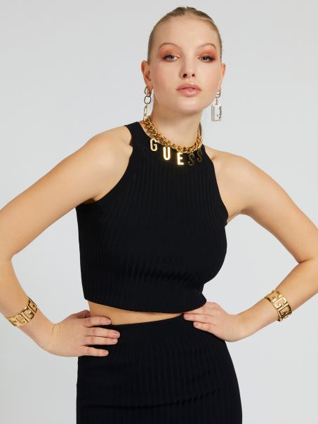 Crop Pulover Top Negru Guess