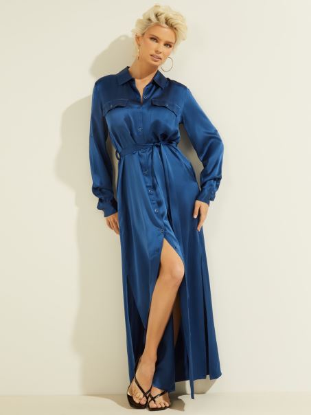 Rochie Maxi Din Matase Albastru Electric Guess