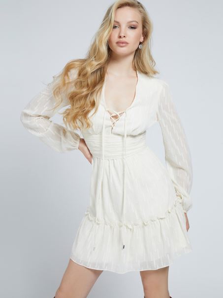 Guess Fit And Flare Sifon Rochie Crem