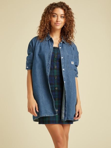 Rochie Albastră Guess Din Denim Relaxat