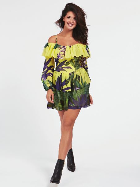 Rochie Mijlocie Guess Cu Imprimeu Floral Multi Galben