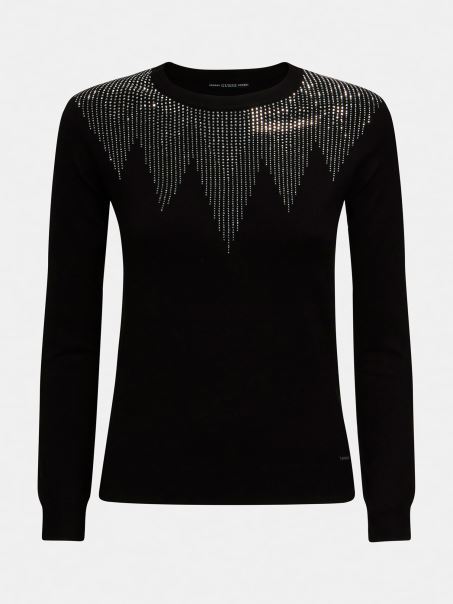Pulover Negru Cu Aplicație Bijuterie Guess