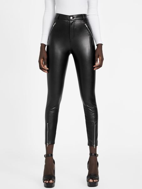 Pantaloni Guess Din Piele Artificială Pauline Negru Jet