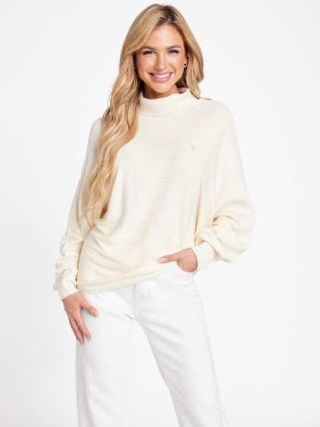 Alb Lăptos Ediel Pulover Cu Guler Cu Nervuri Guess