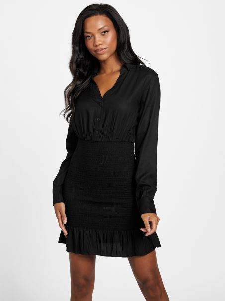 Guess Rochie Smocked Klay Negru Jet