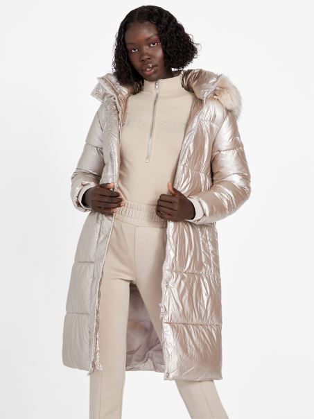 Angela Jachetă Puff Lung Catifea Taupe Guess