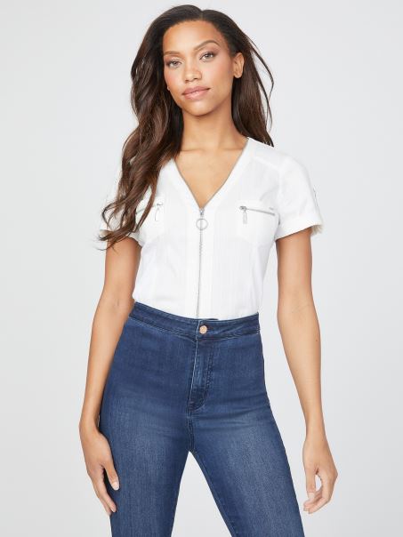 Top Cu Fermoar Alb Pur Guess Raya