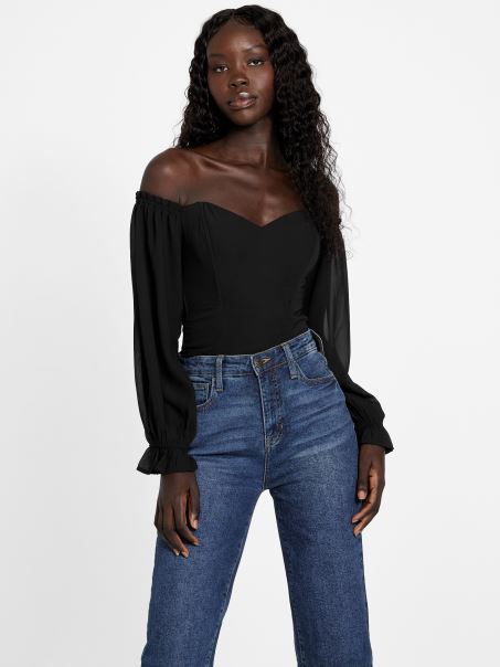 Negru Jet Guess Sharlene Sheer Top