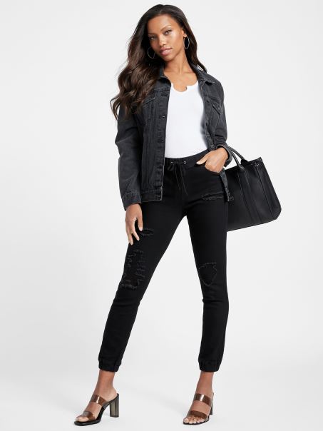 Pantaloni De Jogging Din Denim Cu Talie Medie Caisley Guess Negru Distrug