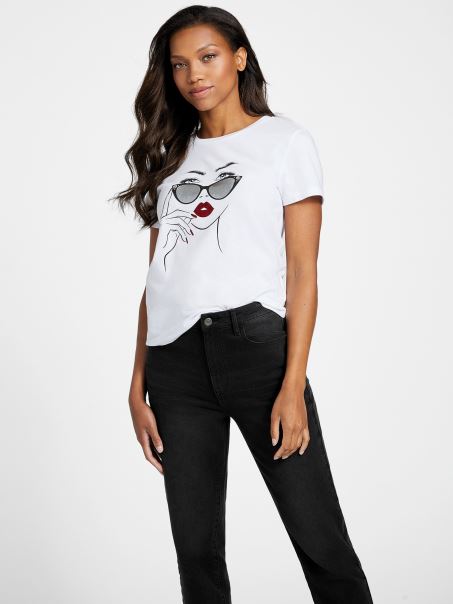 Tricou Grafic Guess Catia Model Alb Pur