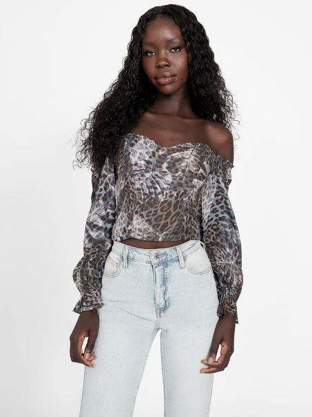 Sharlene Sheer Top Guess Leopard Jacquard Multi