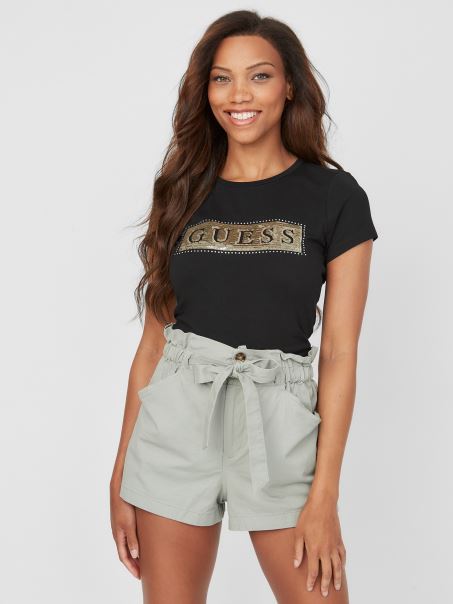 Tricou Guess Negru Cu Paiete Din Oțel și Strasuri