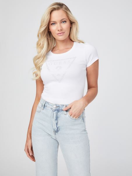 Eco Cathy Rhinestone Logo Tricou Alb Pur Guess