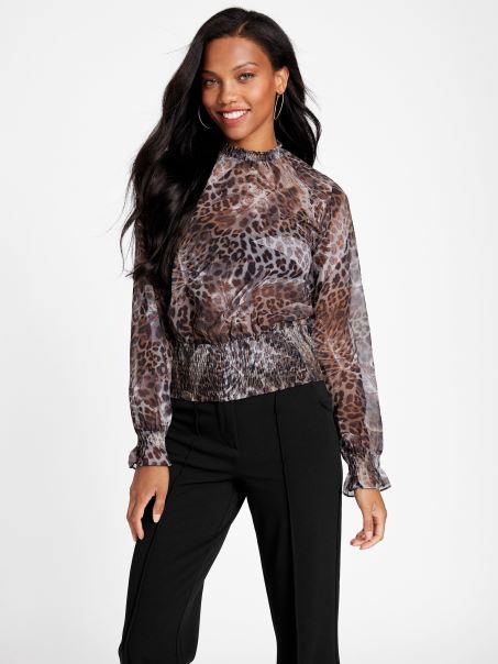 Guess Eco Avelina Smocked Top Leopard Jacquard Multi