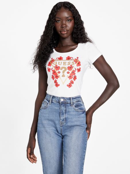 Tricou Cu Logo Cu Margele Eco Tu Alb Pur Guess