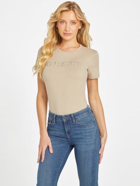 Catifea Taupe Jill Rhinestone Logo Tricou Guess