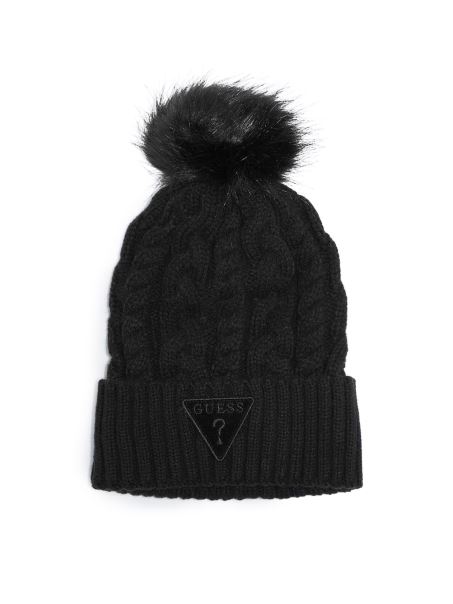 Beanie Neagră Cu Pompon Tricot Cablu Guess