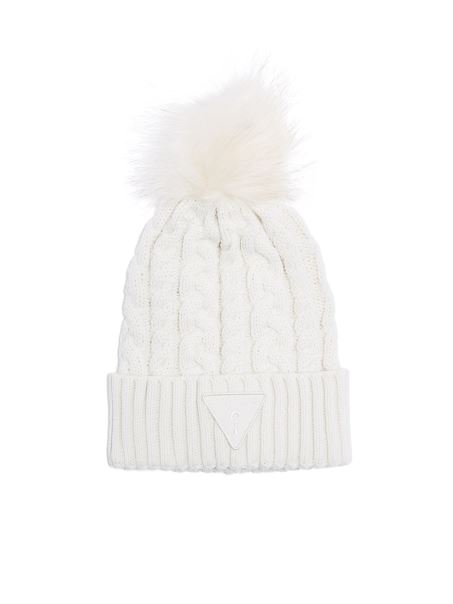 Beanie Cu Pompon Tricot în Cablu Guess Cream
