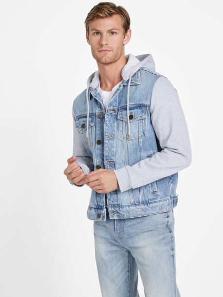 Jachetă Cu Glugă Guess Reese Denim Cu Spalare Lejeră