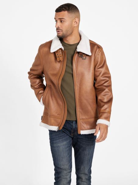Guess Magnus Jachetă Din Faux Shearling Bronz
