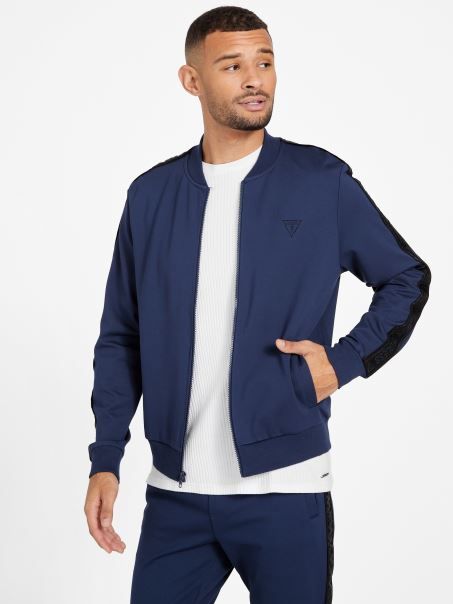 Jachetă Bomber Cu Bandă Logo Jon Mătase Albastru Guess