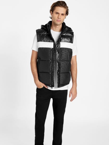 Guess Eco Yung Color-block Puf Vest Cu Glugă Jet Black Multi