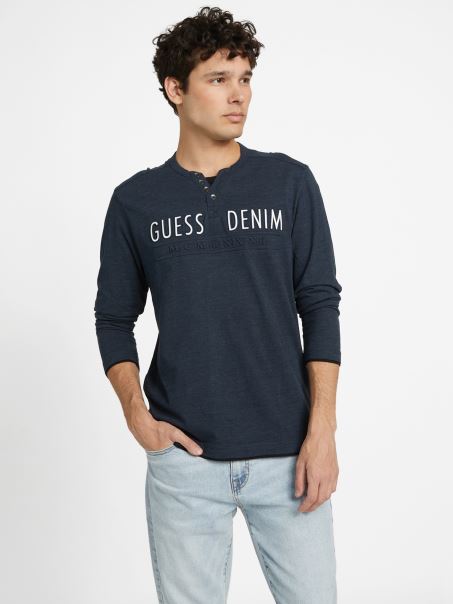 Guess Edgar Marled Tricou Cu Mânecă Lungă Ofițer Albastru Mulit