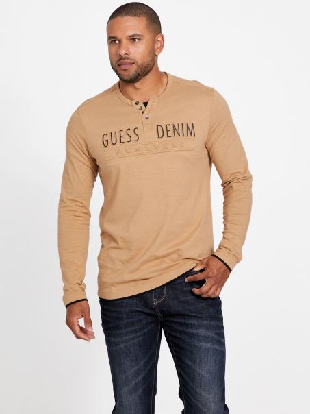 Tricou Cu Mânecă Lungă Guess Edgar Logo Taupe Prăjit