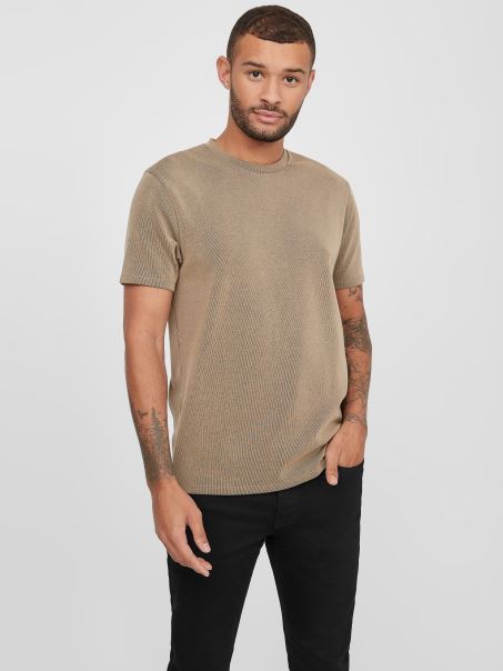 Tricou Cu Nervuri Guess Taupe Prăjite