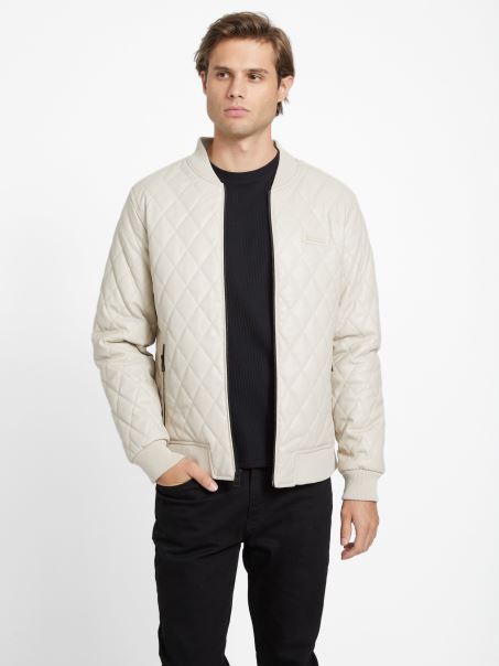 Jachetă Din Piele Artificială Matlasată, Albă, Vintage, Guess Peter