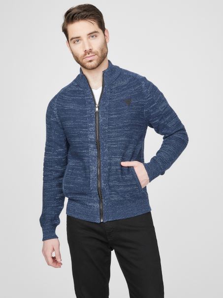 Chet Marled Pulover Cu Gât Fals Mătase Albastru Guess