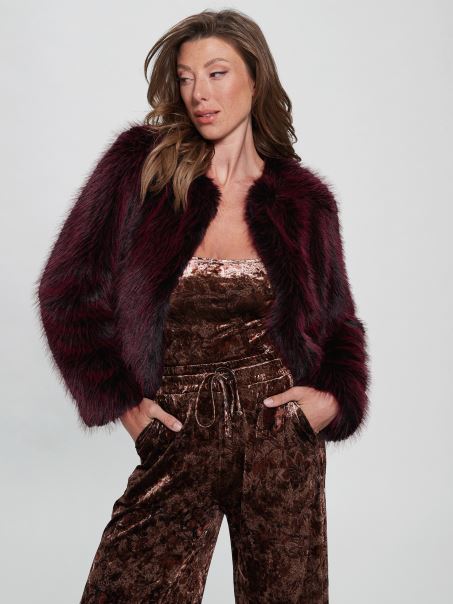 Geacă Bonnie Din Blană Artificială Visiniu și Negru Combo Guess