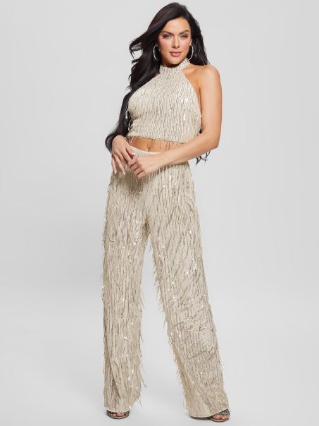 Guess Heidi Pantaloni Cu Franjuri Cu Paiete, Alb, Multi