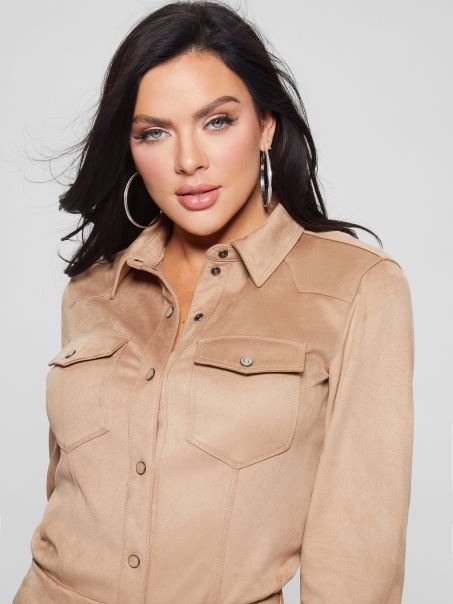 Nisip Umed Guess Daisy Cămașă Vestică Din Piele De Căprioară Artificială