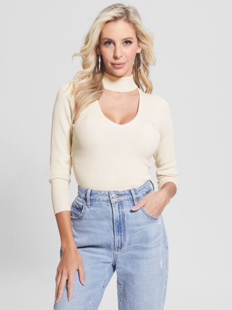Lea Decupaj Paiete Pulover Guess Crem Alb Multi