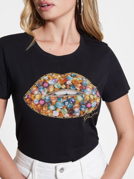 Tricou Negru Jet Guess Jewel Buze