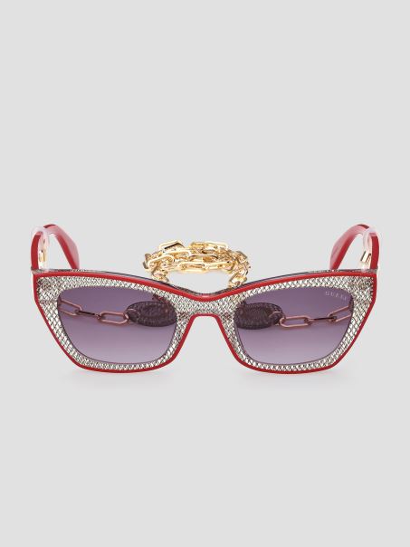 Guess Ochelari De Soare Roșii Cu Ochi De Pisică Din Plastic Metalic