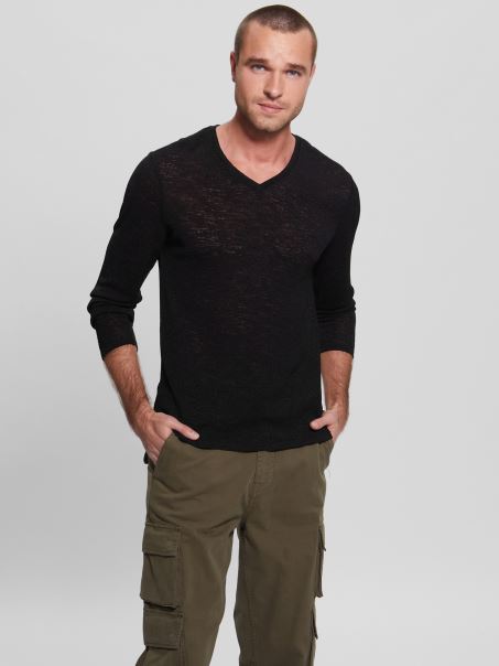 Guess Tricou Din Tifon Cu Mânecă Lungă, Negru Jet