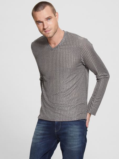 Guess Warehouse Tricou Tricot Cu Decolteu în V, Gri Piatră Multi