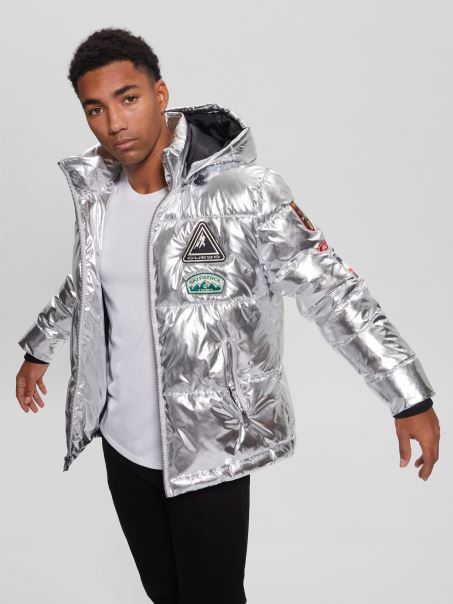 Sacou Puf Metalic Cu Plasture Arctic Argintiu Guess Holiday