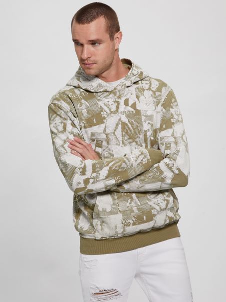 Alberico Model Colaj Fleece Hoodie Allover Impact Gri Guess