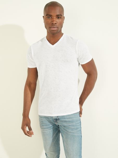 Tricou Cu Decolteu în V Din Tifon Guess Alb Pur