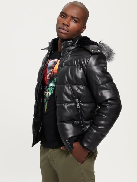 Jachetă Pufă Din Imitație De Piele Elastică Guess Negru Jet