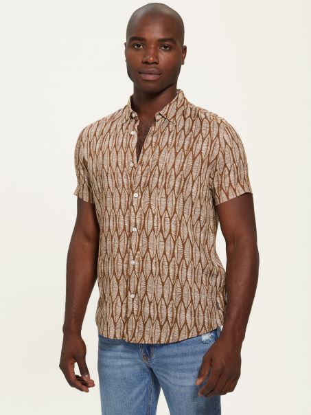 Cămașă Cu Mânecă Scurtă Frunze Eco Guess Frunze Căptușite Gravate