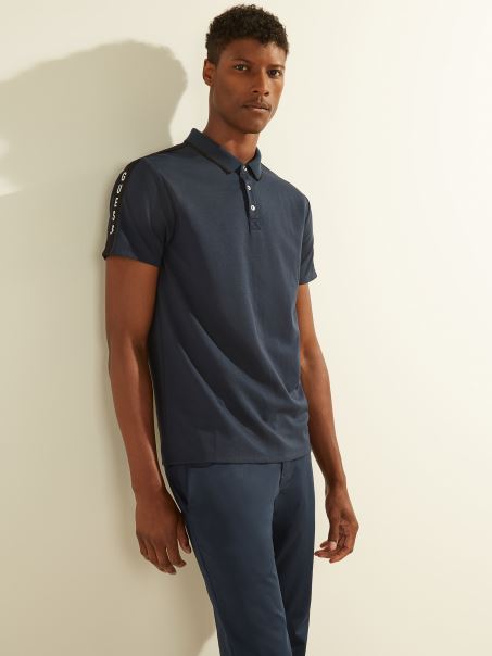 Bandă Cu Logo Piqué Polo Guess Mătase Albastru